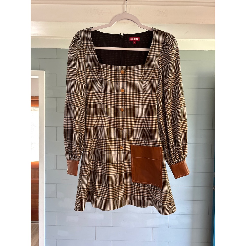 STAUD Plaid‎ Mini Dress Square Neck Faux Leather Trim Brown Multi Size 00